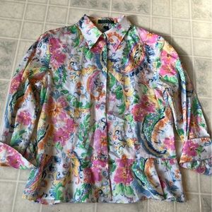 Lauren Ralph Lauren Polished Cotton Button Front 3/4 sleeve floral print Blouse